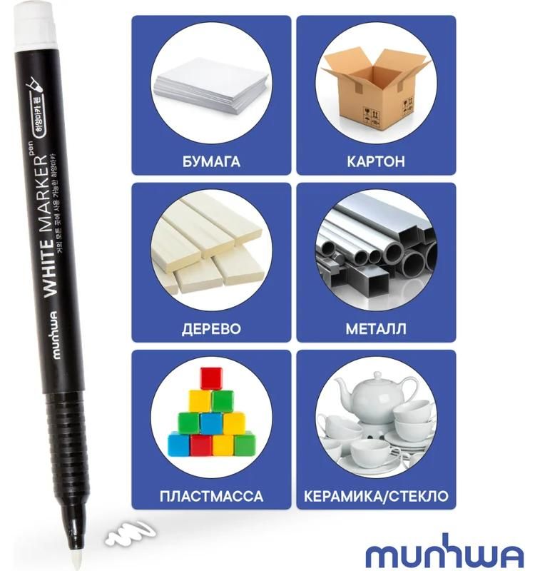 Маркер перманентный пулевидный 1 мм MunHwa WPM-05, белый - фото