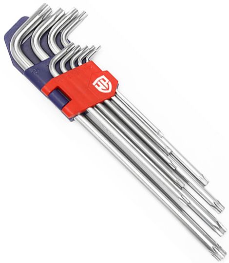 Набор Г-образных удлиненных ключей TORX Т10-Т50 с отверстием Workpro WP222003, 9 штук - фото