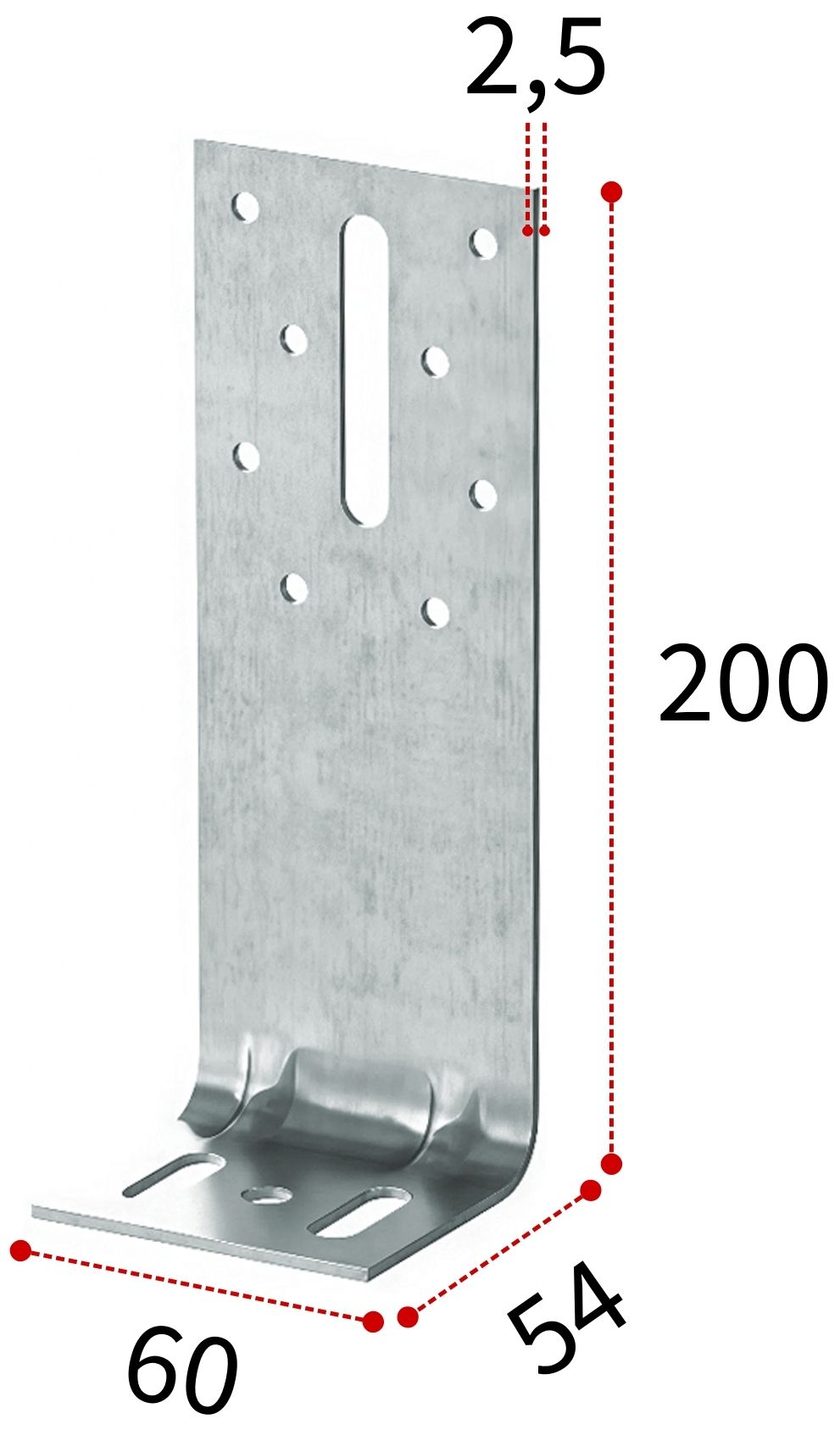 Уголок крепежный 200х54х60х2,5 мм с овальными отверстиями WKF, горячеоцинкованная сталь - фото
