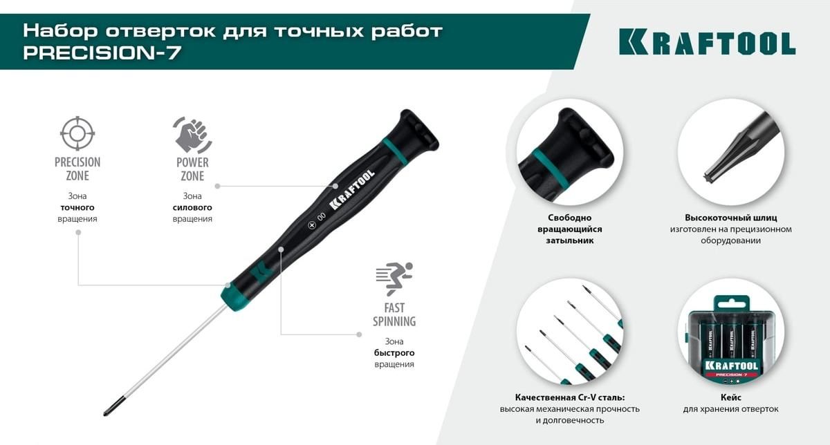 Набор отвёрток для точных работ Kraftool Precision-7 25686, сталь Cr-V, 7 предметов в кейсе - фото