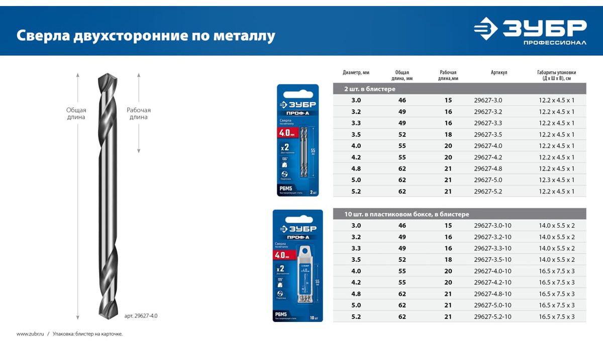 Сверло двухстороннее по металлу класс А Проф-А ЗУБР - фото
