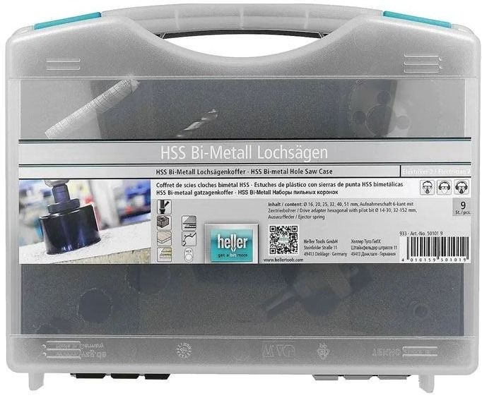 Набор коронок универсальных 19, 22, 29, 38, 44, 57 мм Heller BiMetall 50102, 9 предметов в кейсе - фото