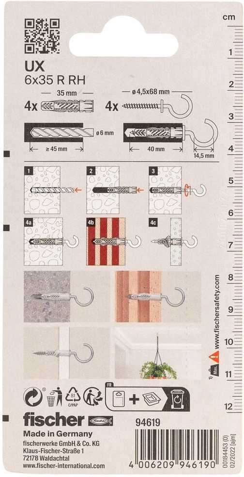 Дюбель UX 6х35 R с кромкой и саморезом с крюком RH K NV Fischer 94619, нейлон, 4 шт в блистере - фото