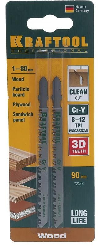 Полотно по дереву для лобзика 115/90 мм, чистый рез T234X Kraftool 159506-U, хромованадиевая сталь, 2 шт - фото
