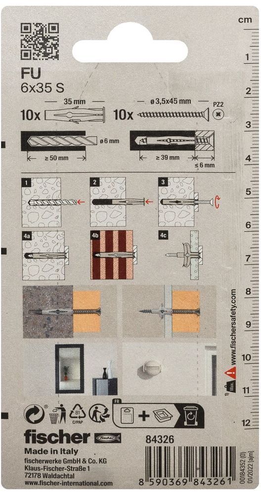 Универсальный дюбель с шурупом FU 6x35 S Fischer 084326, нейлон, 10 шт в блистере - фото