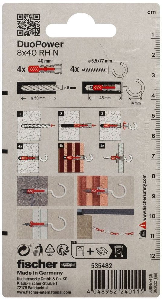Дюбель 8х40 с круглым крючком с нейлоновым покрытием RH Fischer DUOPOWER N K NV 535482, нейлон, 4 штуки в блистере - фото