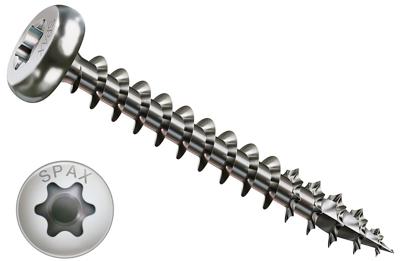 Изображение товара Саморез 4 х45 SPAX 0207000400453 с полукруглой головкой и полной резьбой, шлиц T-Star, S point, нержавеющая сталь А2 (200 штук) Изображение товара Саморез 4 х45 SPAX 0207000400453 с полукруглой головкой и полной резьбой, шлиц T-Star, S point, нержавеющая сталь А2 (200 штук)