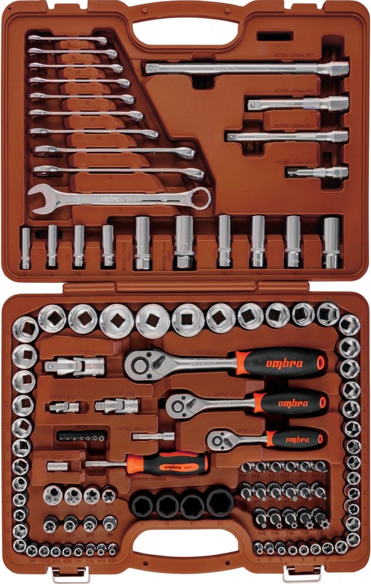 Специальный набор инструмента, торцевые головки 1/4", 3/8", 1/2"DR, 4-32 мм и SAE 5/32"-1 1/4", ударные торцевые головки 1/2"DR 17-23 мм, Ombra 911120, 120 шт - фото