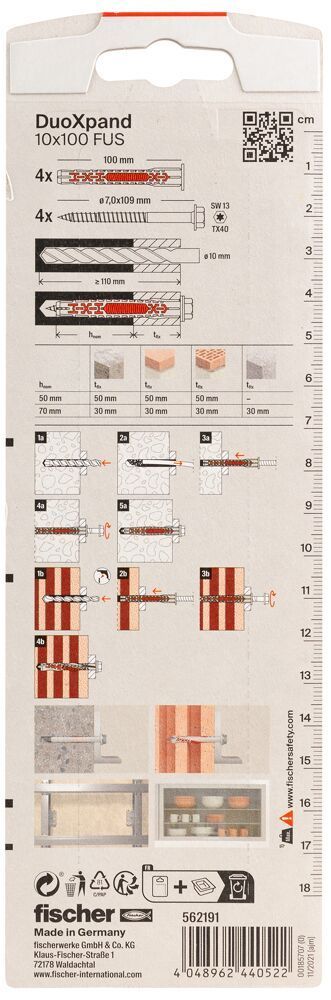 Дюбель фасадный DUOXpand 10x100 FUS Fischer 562191 с шестигранным шурупом, оцинкованная сталь, 4 шт в блистере - фото