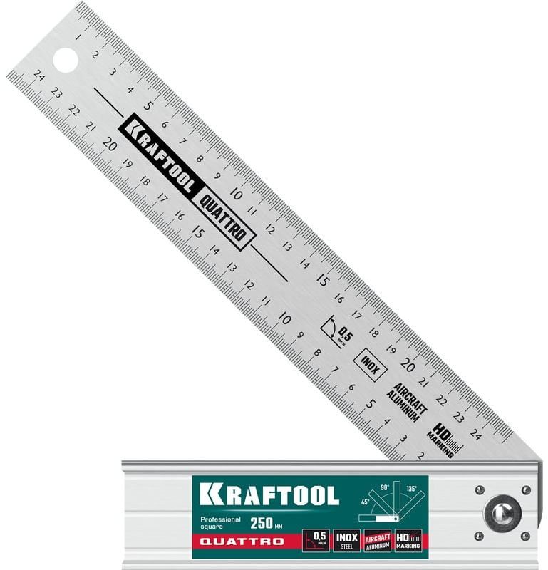 Угольник столярный 250 мм складной высокоточный Kraftool Quattro 3444, нержавеющая сталь, алюминий - фото
