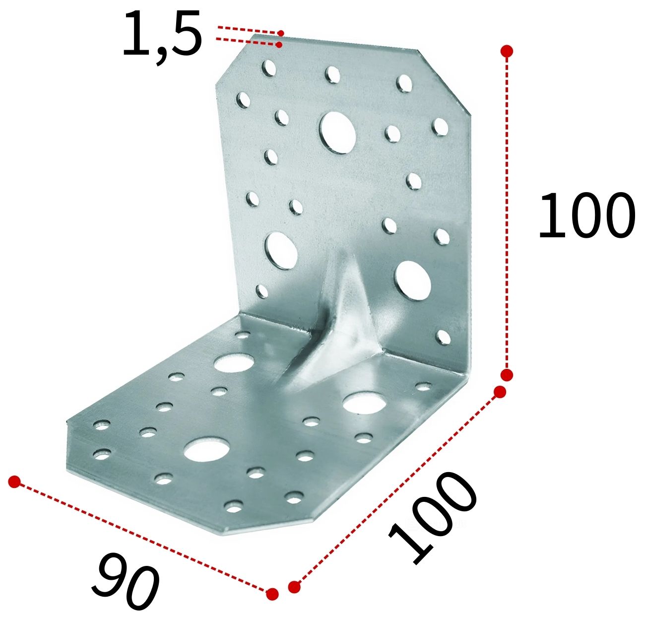 Уголок крепежный усиленный 100х90х1,5 мм KUU, оцинкованная сталь - фото