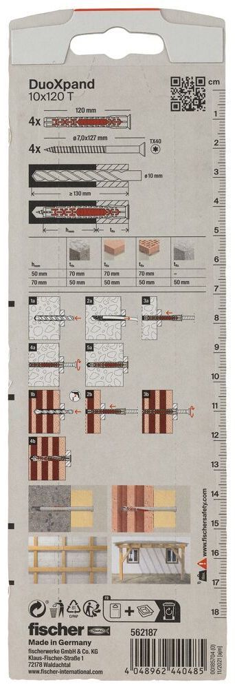 Дюбель фасадный DUOXpand 10x120 T Fischer 562187 с потайным шурупом, оцинкованная сталь, 4 шт в блистере - фото