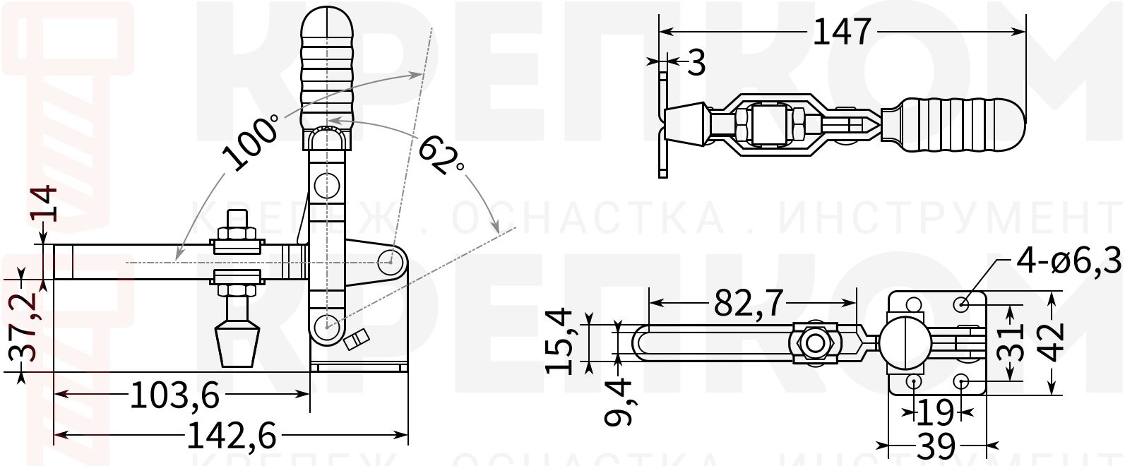 Прижим рычажный вертикальный L=143 мм, нагрузка 180 кг, HD-101E, оцинкованный - фото