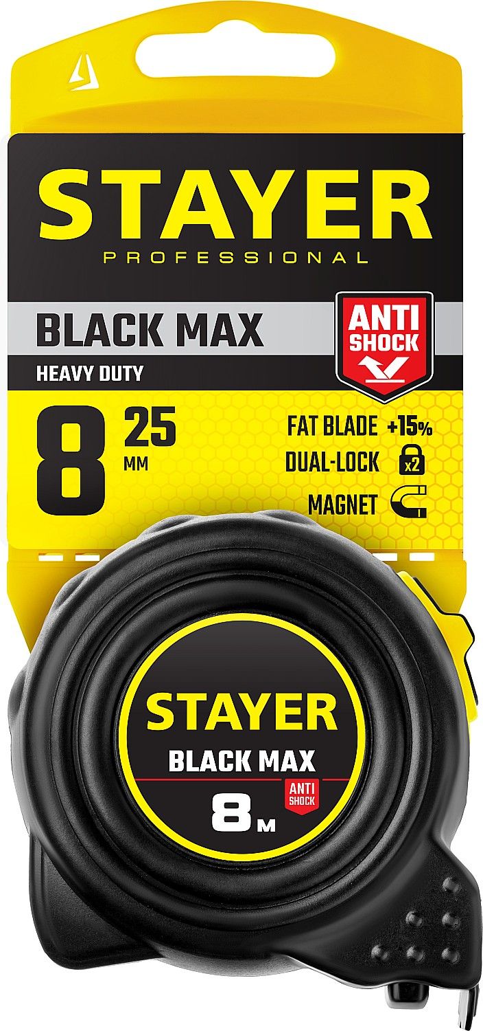 Рулетка измерительная ударостойкая Stayer Black Max, 2 фиксатора - фото