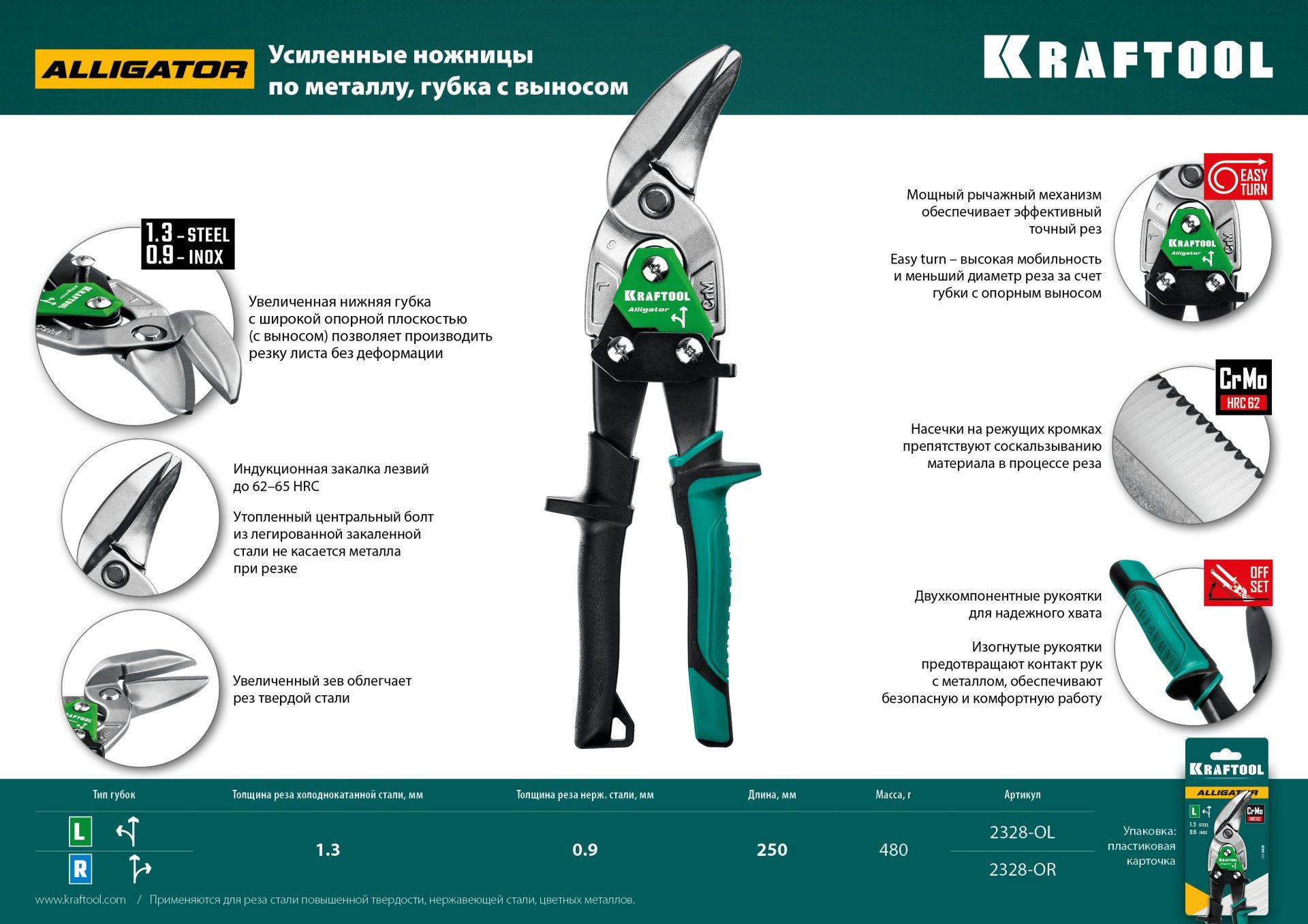 Ножницы по металлу правые усиленные с выносом 250 мм Alligator Kraftool 2328-OR - фото