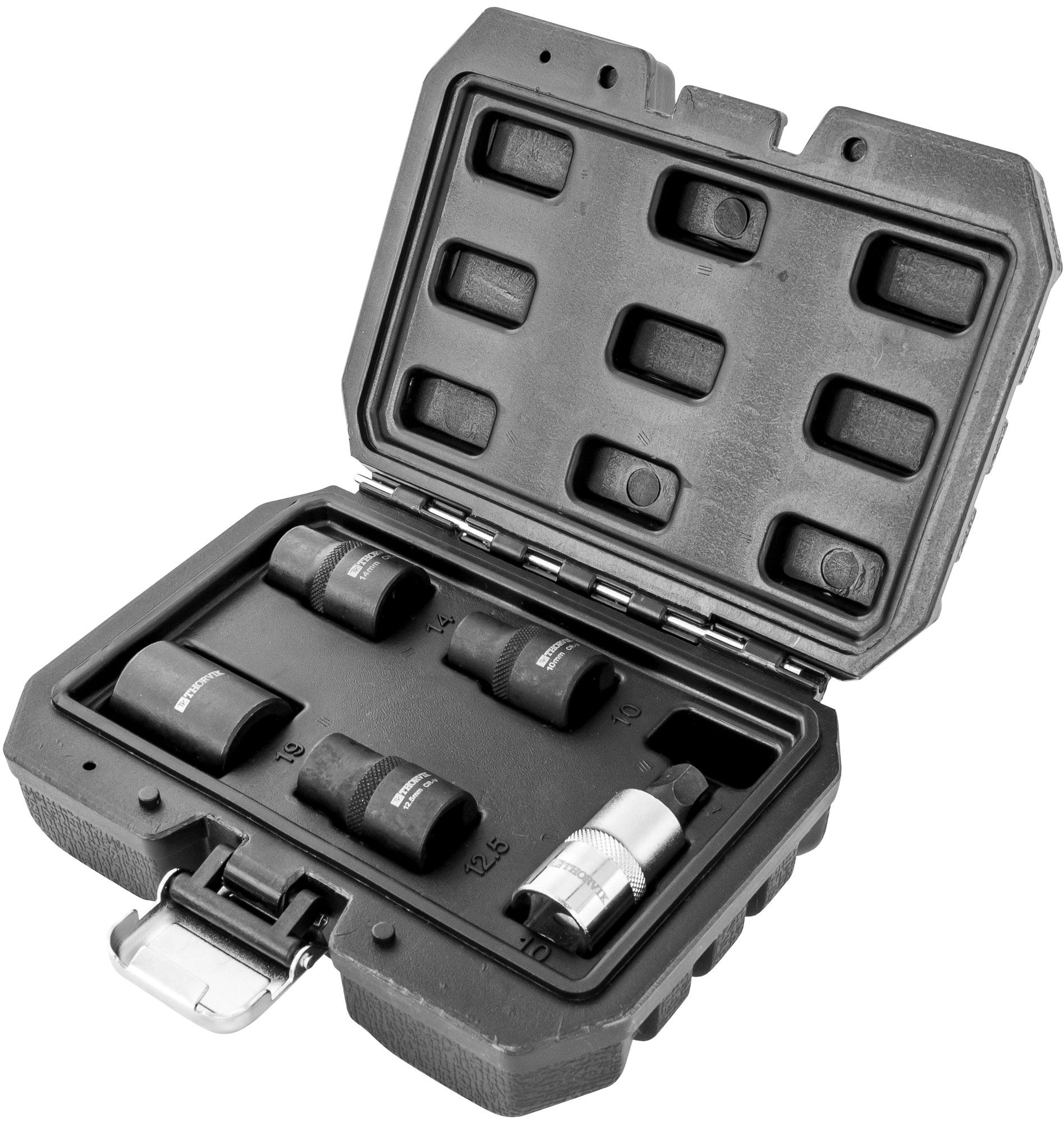 Набор головок торцевых и насадки со вставкой-битой с пятигранным профилем для обслуживания тормозных механизмов 1/2"DR Thorvik PBCSS5, 5 шт - фото