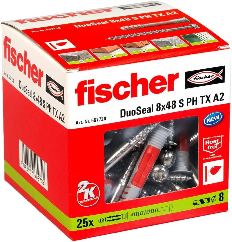 Дюбель герметичный влагостойкий с шурупом DuoSeal 8x48 S PH TX A2 Fischer 557728, нейлон, 25 штук - фото