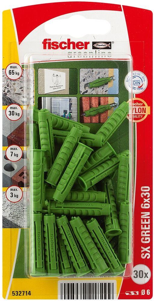 Дюбель SX Green 6x30 Fischer 532714 с кромкой, зелёный нейлон, 30 шт в блистере - фото