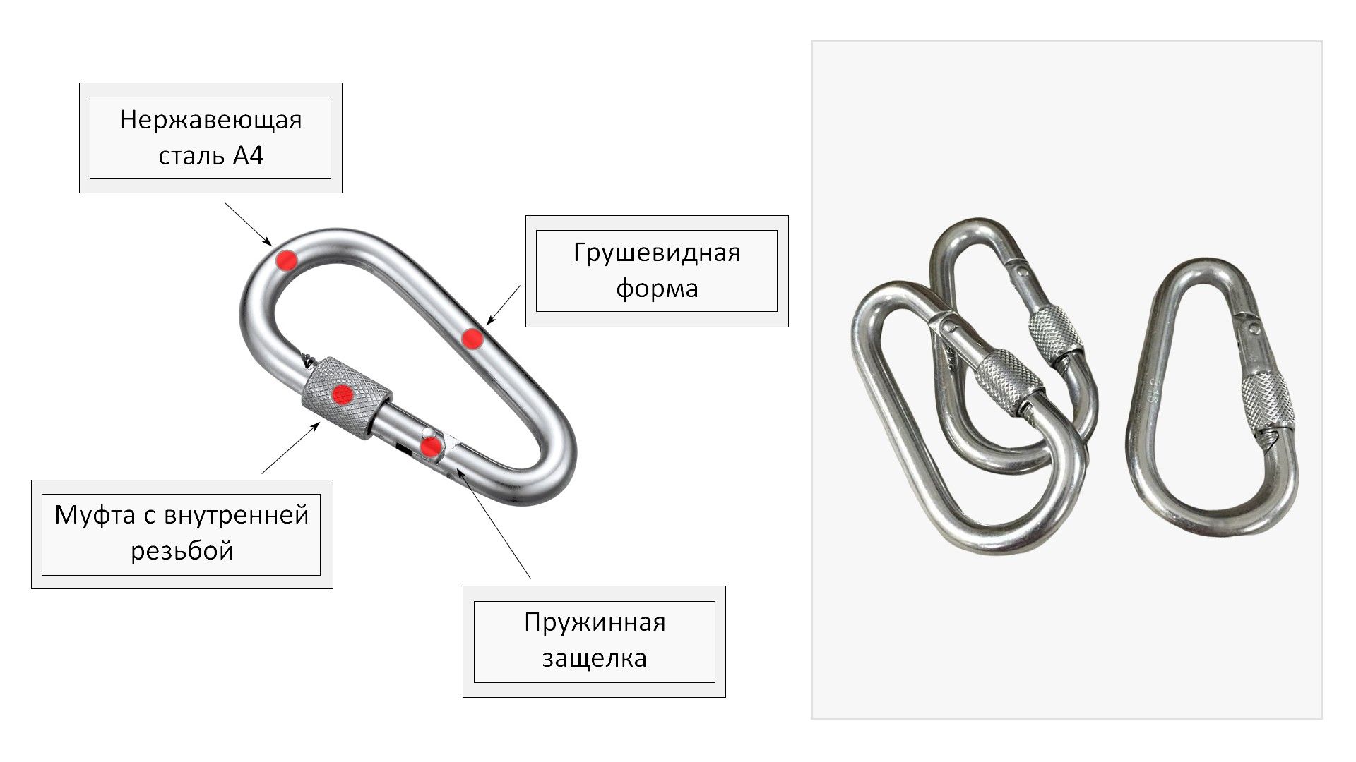 Карабин-груша с винтовым стопором 11 мм 8958, нержавеющая сталь А4 - фото