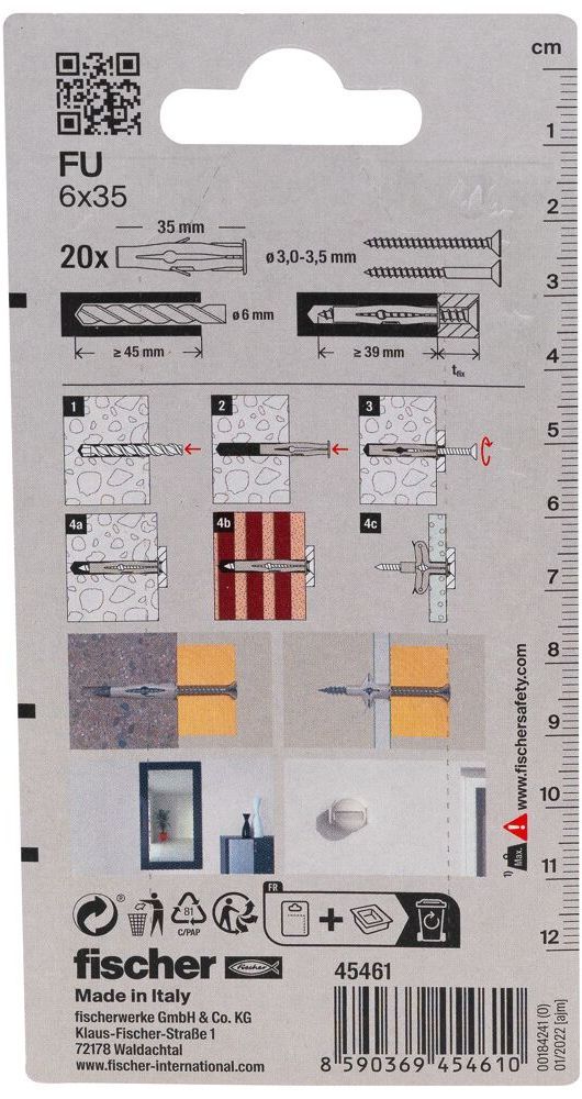 Универсальный дюбель FU 6x35 Fischer 045461, нейлон, 20 шт в блистере - фото