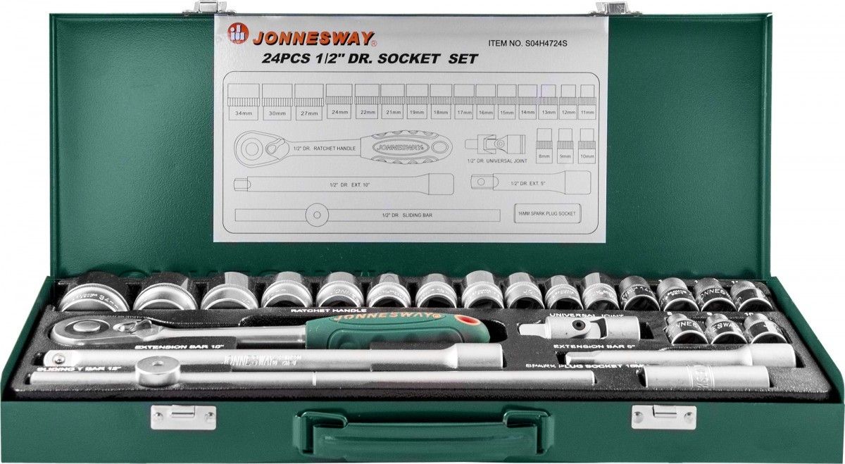 Набор торцевых головок 1/2"DR, диаметр 8-34 мм Jonnesway S04H4724S, 24 штуки - фото