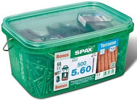 Саморез для террасной доски с цилиндрической головкой, переменной резьбой и шлицем T-Star 5х50 SPAX 4507000500629, нержавеющая сталь А2 (500 штук + сверло, бита Т25 и 3 крестика) - фото