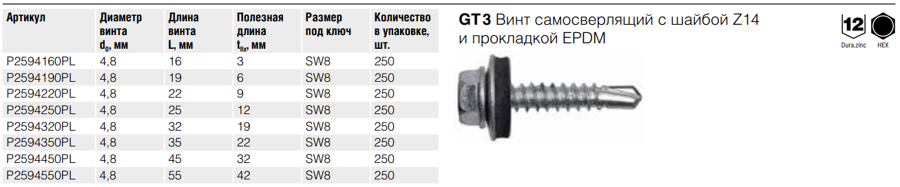 Винт самосверлящий по металлу с шайбой EPDM GT 3 Fasty, оцинкованная сталь - фото