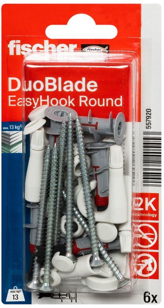 Дюбель для гипсокартона Fischer DuoBlade 557920, с винтом и круглым крюком EasyHook Round, 6 шт в блистере - фото