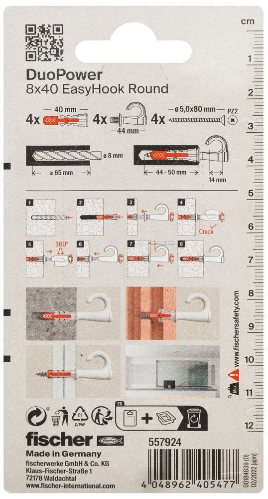 Дюбель 8х40 c винтом и круглым крюком EasyHook Fischer DUOPOWER 557924, нейлон, 4 шт в блистере - фото