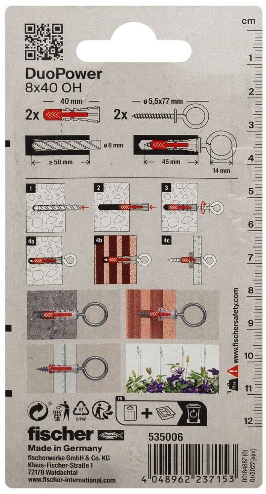 Дюбель 8х40 с рым-крюком OH Fischer DUOPOWER K NV 535006, нейлон, 2 штуки в блистере - фото