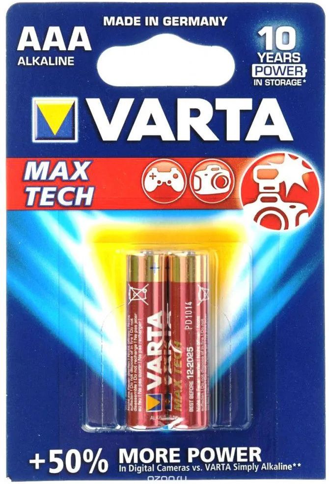 Батарейки щелочные AAA Varta Max Tech 4703101412, 2 шт в блистере - фото