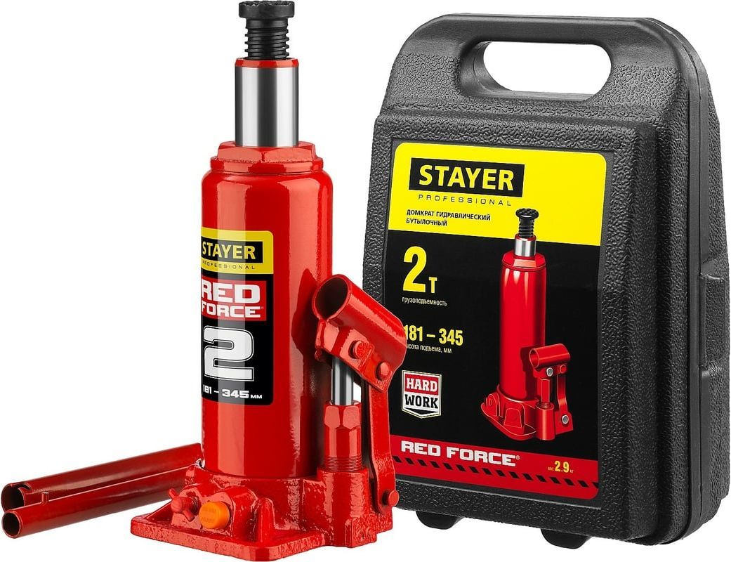 Домкрат гидравлический бутылочный 2 т 181-345 мм Stayer Red Force 43160-2-K_z01, в кейсе - фото