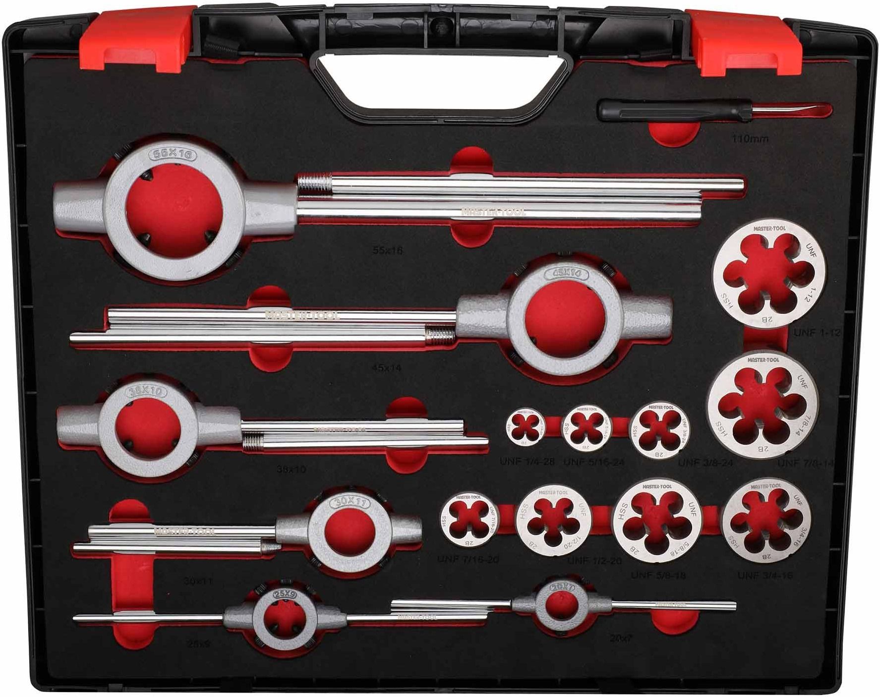 Набор метчиков и плашек UNF 1/4"-1" HSS-G Master-Tool 1014901010006, 37 предметов - фото