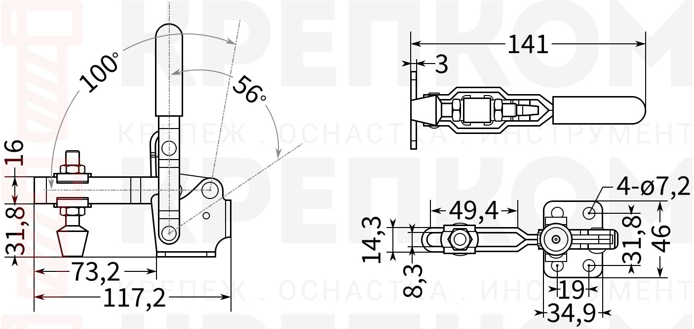 Прижим рычажный вертикальный L=117 мм, нагрузка 227 кг, HD-12130, оцинкованный - фото