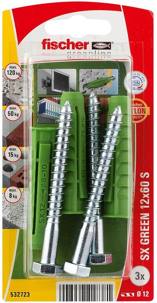 Дюбель SX Green 12x60 S Fischer 532723 с кромкой и шестигранным винтом, зелёный нейлон, 3 шт в блистере - фото