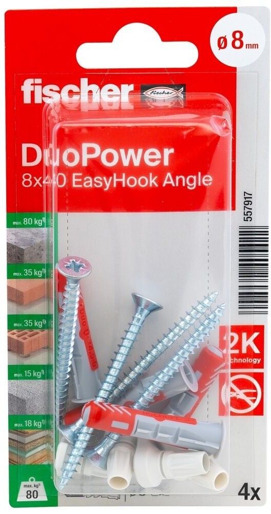 Дюбель 8х40 с винтом и угловым крюком EasyHook Fischer DUOPOWER 557917, нейлон, 4 шт в блистере - фото