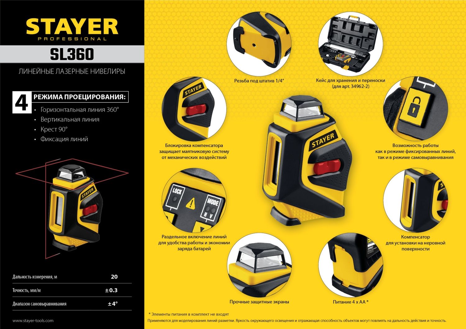Нивелир лазерный линейный 20 м со штативом 120 см Stayer SL360-2 Professional 34962-2, в пластиковом кейсе - фото