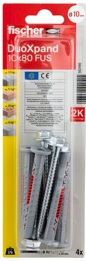 Дюбель фасадный DUOXpand 10x80 FUS Fischer 562190 с шестигранным шурупом, оцинкованная сталь, 4 шт в блистере - фото