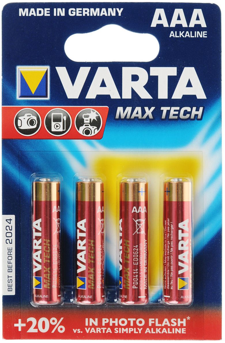 Батарейки щелочные AAA Varta Max Tech 4703101404, 4 шт в блистере - фото