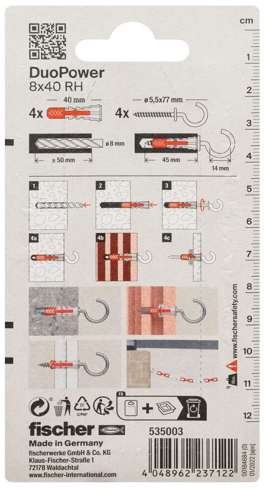 Дюбель 8х40 с круглым крюком RH Fischer DUOPOWER K NV 535003, нейлон, 4 штуки в блистере - фото