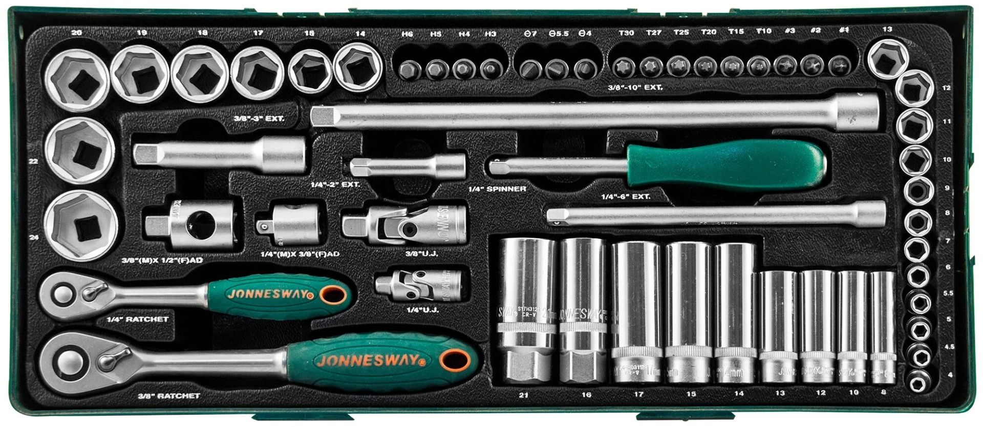 Изображение товара Набор торцевых головок с аксессуарами 1/4" и 3/8"DR Jonnesway S04H3157SP, 57 шт.