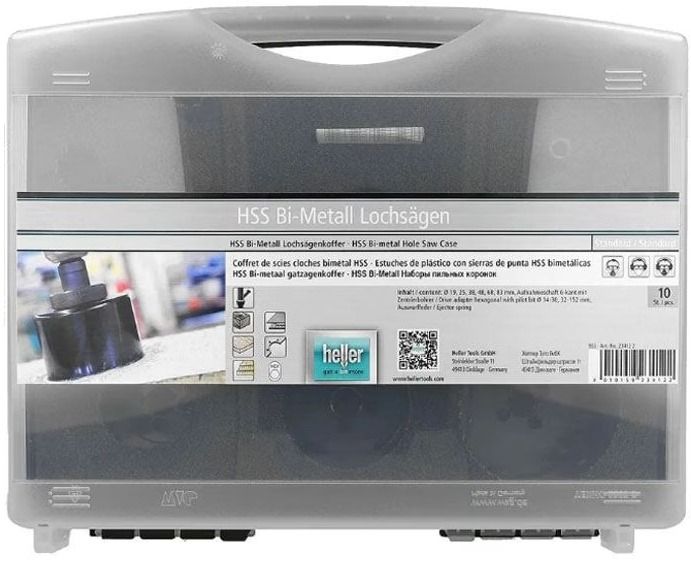 Набор коронок универсальных 19, 25, 38, 48, 63, 83 мм Heller BiMetall 23412, 9 предметов в кейсе - фото