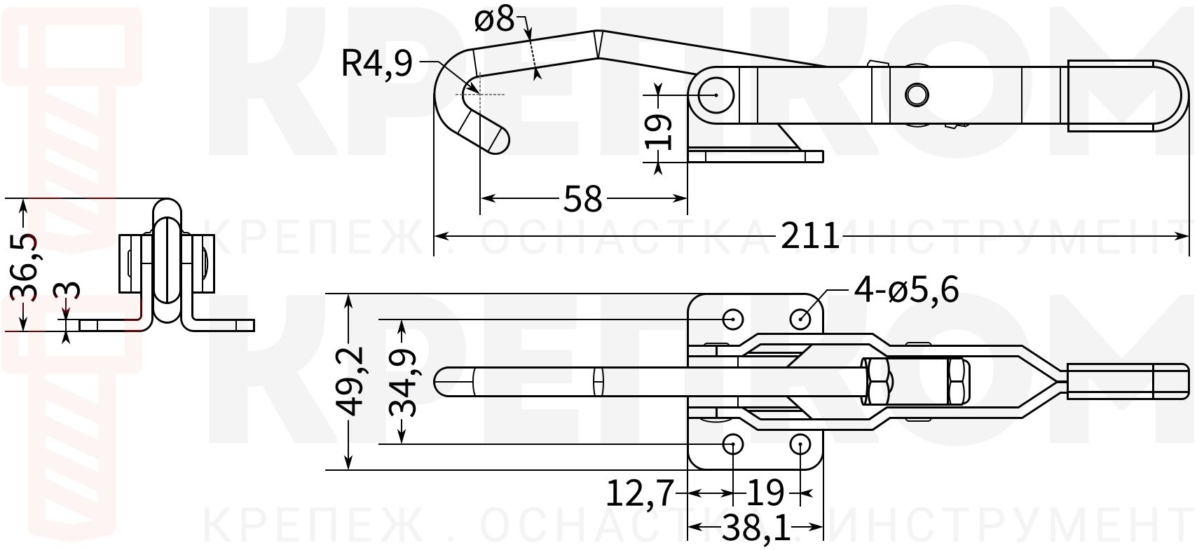 Замок регулируемый с крюком L=211 мм, нагрузка 170 кг, HD-451, оцинкованная сталь - фото