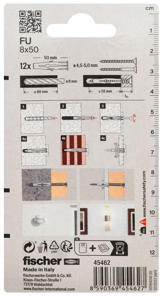 Универсальный дюбель FU 8x50 Fischer 045462, нейлон, 12 шт в блистере - фото