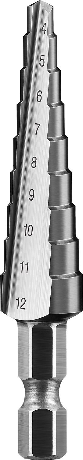 Сверло по металлу ступенчатое 4-12 мм, 9 ступеней, хвостовик шестигранный 1/4" ЗУБР 29670-4-12-9, сталь Р6М5 - фото