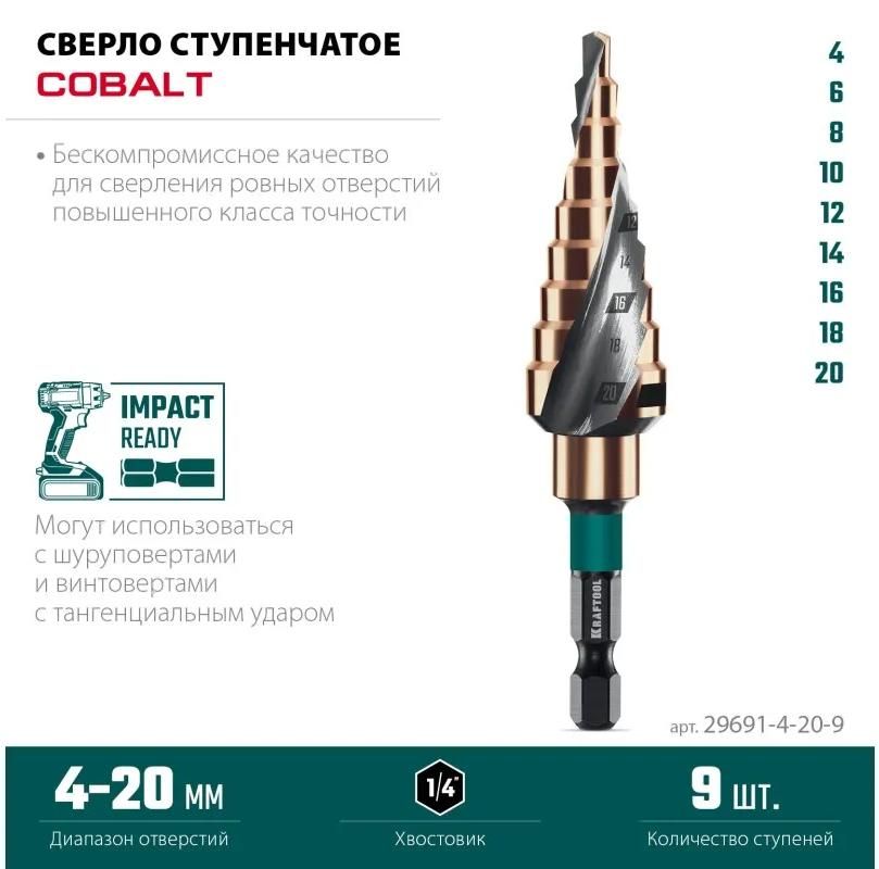 Сверло ступенчатое 4-20 мм, хвостовик HEX 1/4" M35 Cobalt Kraftool 29691-4-20-9, 9 ступеней - фото