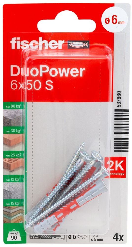 Дюбель 6х50 с шурупом S Fischer DUOPOWER K NV 537660, нейлон, 4 шт в блистере - фото