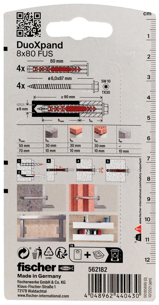 Дюбель фасадный DUOXpand 8x80 FUS Fischer 562182 с шестигранным шурупом и фланцем, оцинкованная сталь, 4 шт в блистере - фото