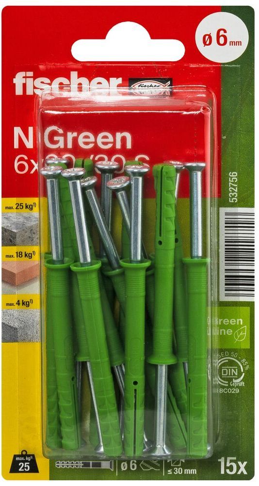 Дюбель-гвоздь 6х60 с потайным бортиком Fischer N-S Green 532756, оцинкованная сталь, 15 шт в блистере  - фото