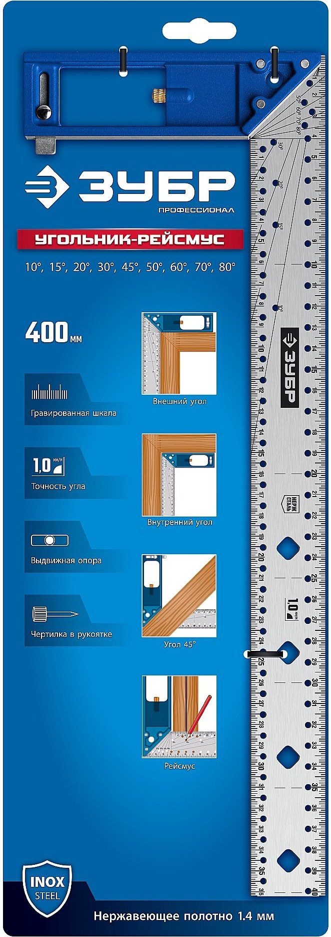 Рейсмус-угольник разметочный 400 мм с упором ЗУБР 34400-40, нержавеющая сталь, алюминий - фото